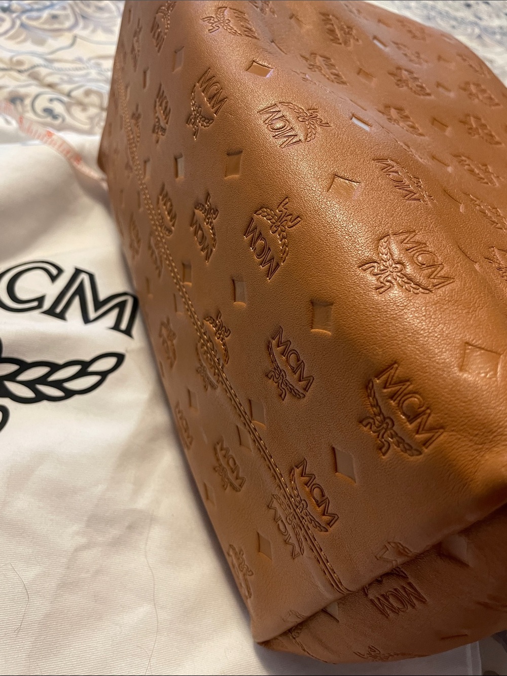 MCM Cognac Embossed Leather Shoulder Bag - Picture 10 of 11